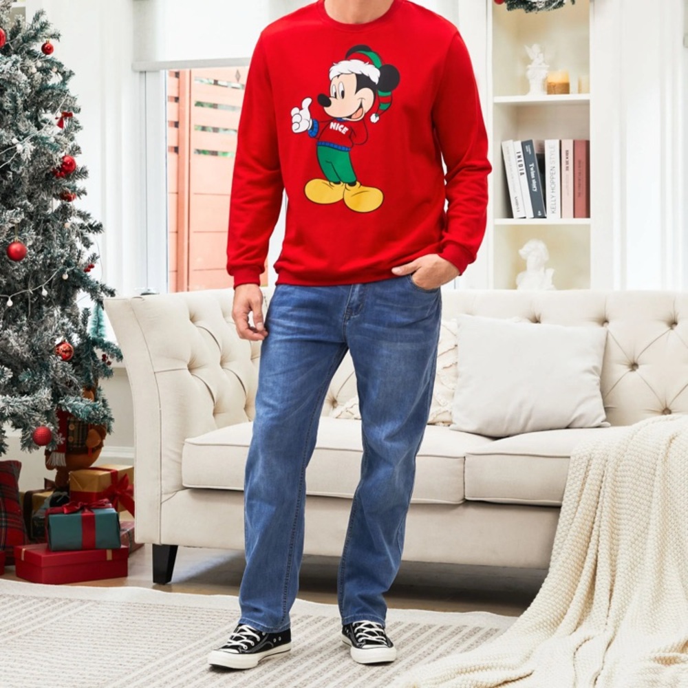Disney Men Mickey and Friends Christmas Character Print Sweatshirt Red